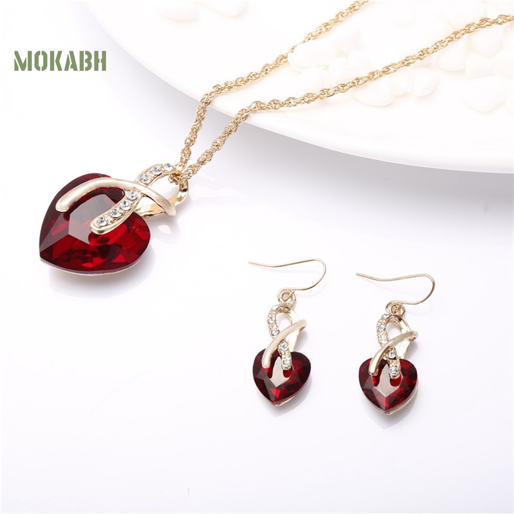 1 Set Vòng cổ Và Bông Tai Mặt Hình Trái Tim Đính Đá Ngọt Ngào Cho Nữ