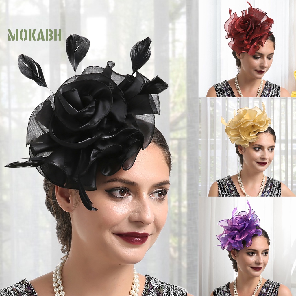 Mũ Lưới Cài Tóc Mini Đính Lông Vũ Màu Trơn Hình Bông Hoa