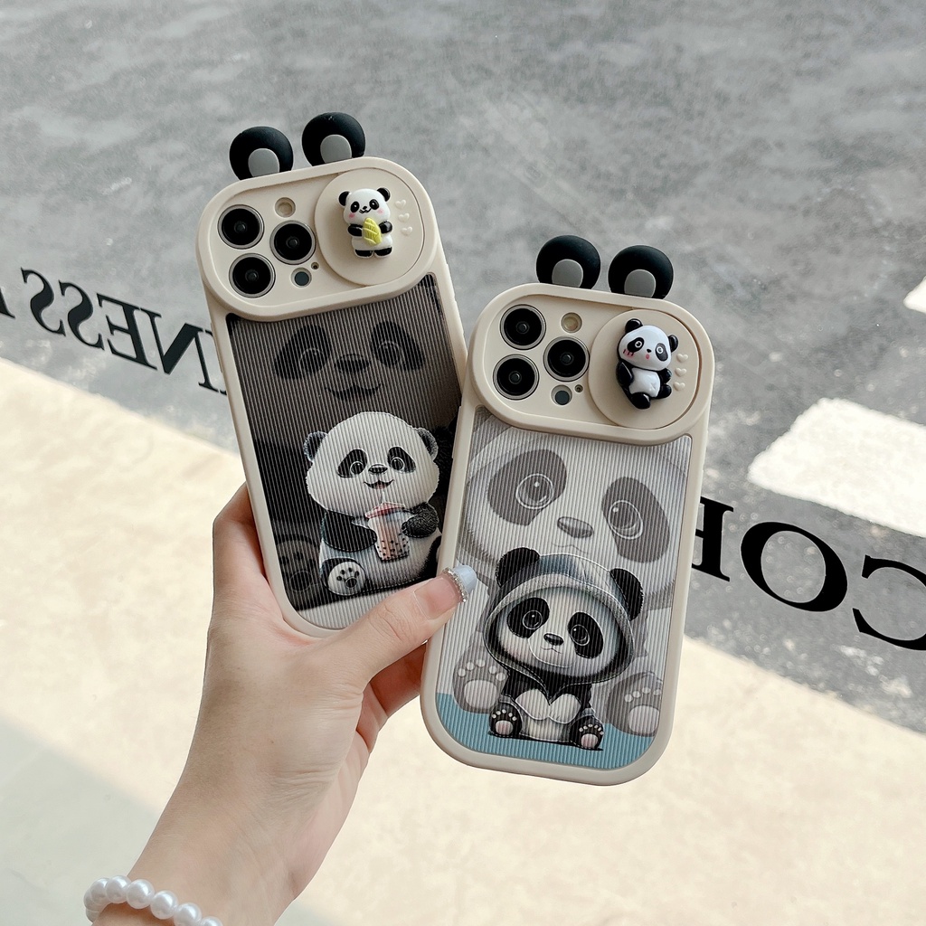 Ốp Điện Thoại TPU Silicon Mềm Chống Sốc Có Nắp Trượt Bảo Vệ Camera In Hình Gấu Trúc 3D Cho iPhone 13 12 11 Pro Max 14 Plus