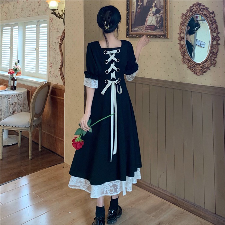 Phong cách thu đông thanh lịch váy đen gập eo kiểu Pháp, bộ váy nữ Lolita cosplay cosplay set đồ sang trọng nữ tính