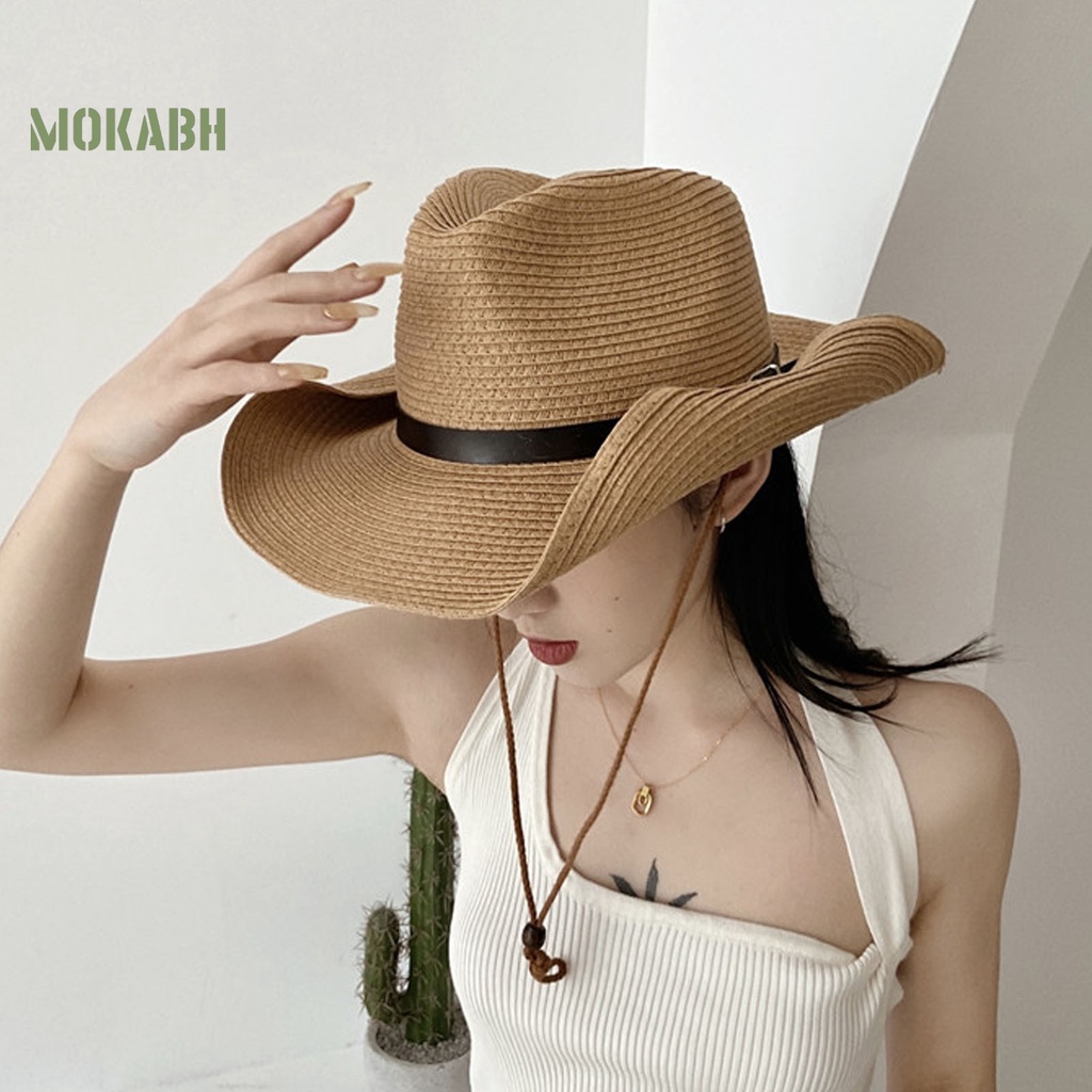 Abh [Mok] Mũ Rơm Vành Rộng Giả Da Phong Cách Phương Tây