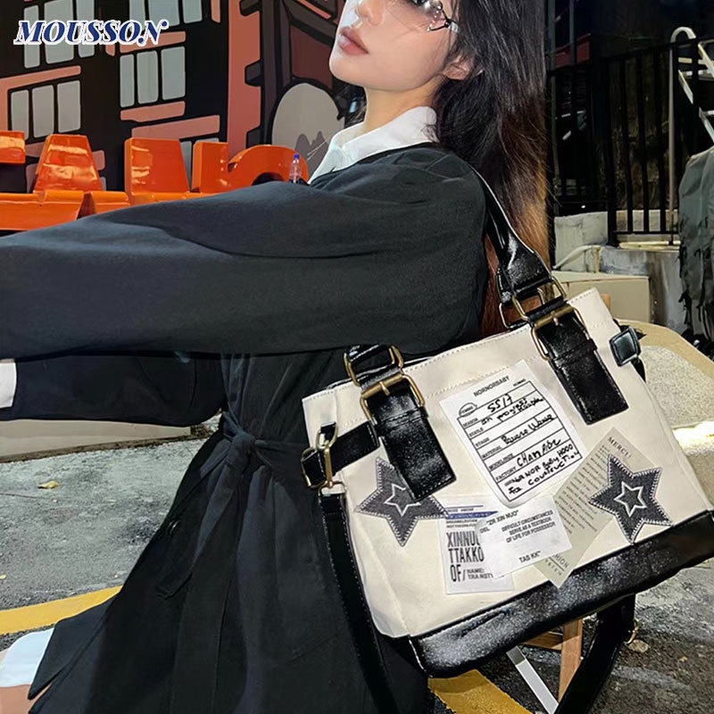 Túi tote MOUSSON vải canvas đeo vai thời trang retro Âu Mỹ cho nữ