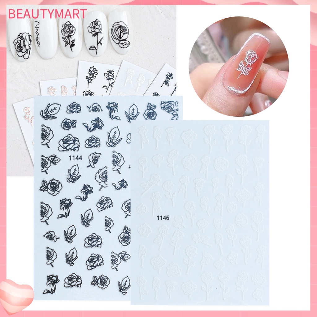 [beautymart] Hình Dán Móng Tay Tự Dính Không Mùi Họa Tiết Hoa Hồng Tinh Tế Không Dị Ứng Có Thể Tháo Rời