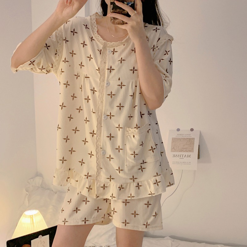 Bộ Đồ Ngủ Ngắn Tay Viền Ren Phong Cách Pháp Ngọt Ngào Mới Cho Nữ