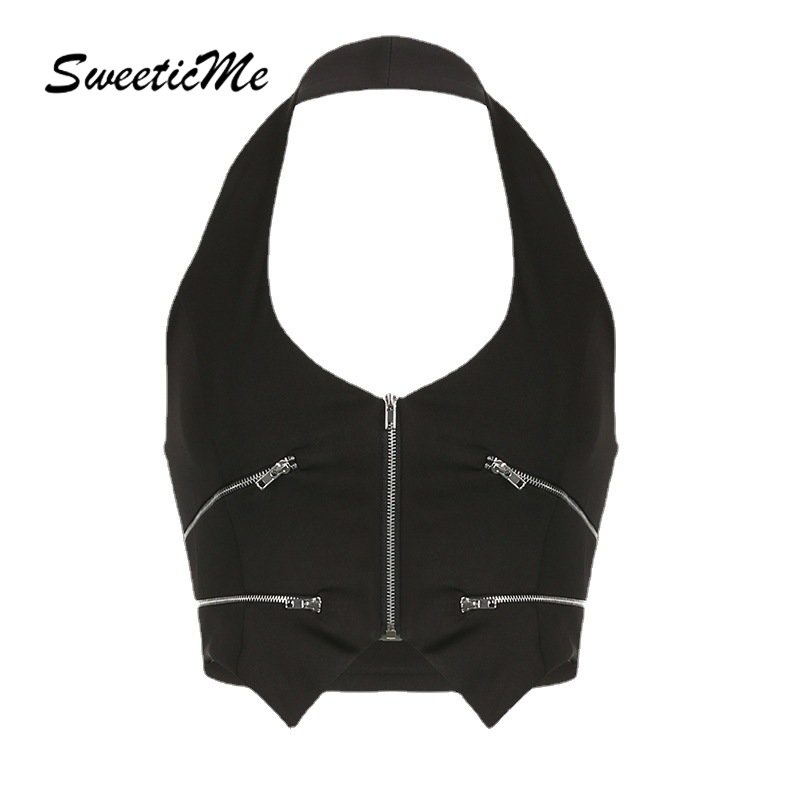 Áo Tank Top Hai Dây Cổ Chữ V Dáng Ôm Phối Khóa Kéo Thời Trang Đường Phố 2023 Cho Nữ