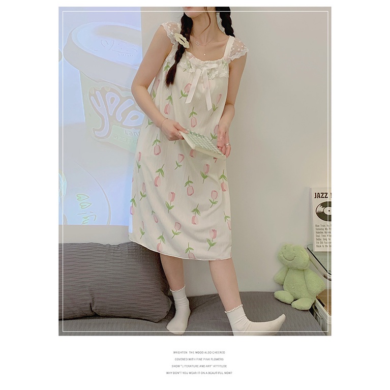 Đầm Ngủ Cotton Dệt Kim Phối Ren Có Đệm Ngực Phong Cách Công Chúa Ngọt Ngào Thời Trang Mùa Hè Kiểu Mới Dành Cho Nữ