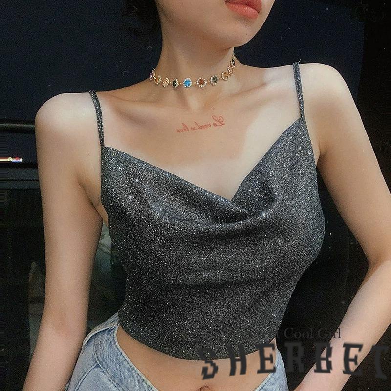 Áo Croptop Hai Dây Cổ Chữ V Khoét Sâu Màu Đen Sáng Bóng LAA8 Thời Trang Mùa Hè Cho Bạn Gái