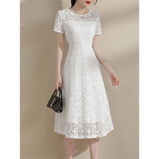 Đầm ren cao cấp thanh lịch chất lượng cao dành cho nữ cỡ lớn mùa hè phong cách mới phù hợp với phong cách Hàn Quốc Đầm ngắn tay màu trắng vừa phải 40KG @