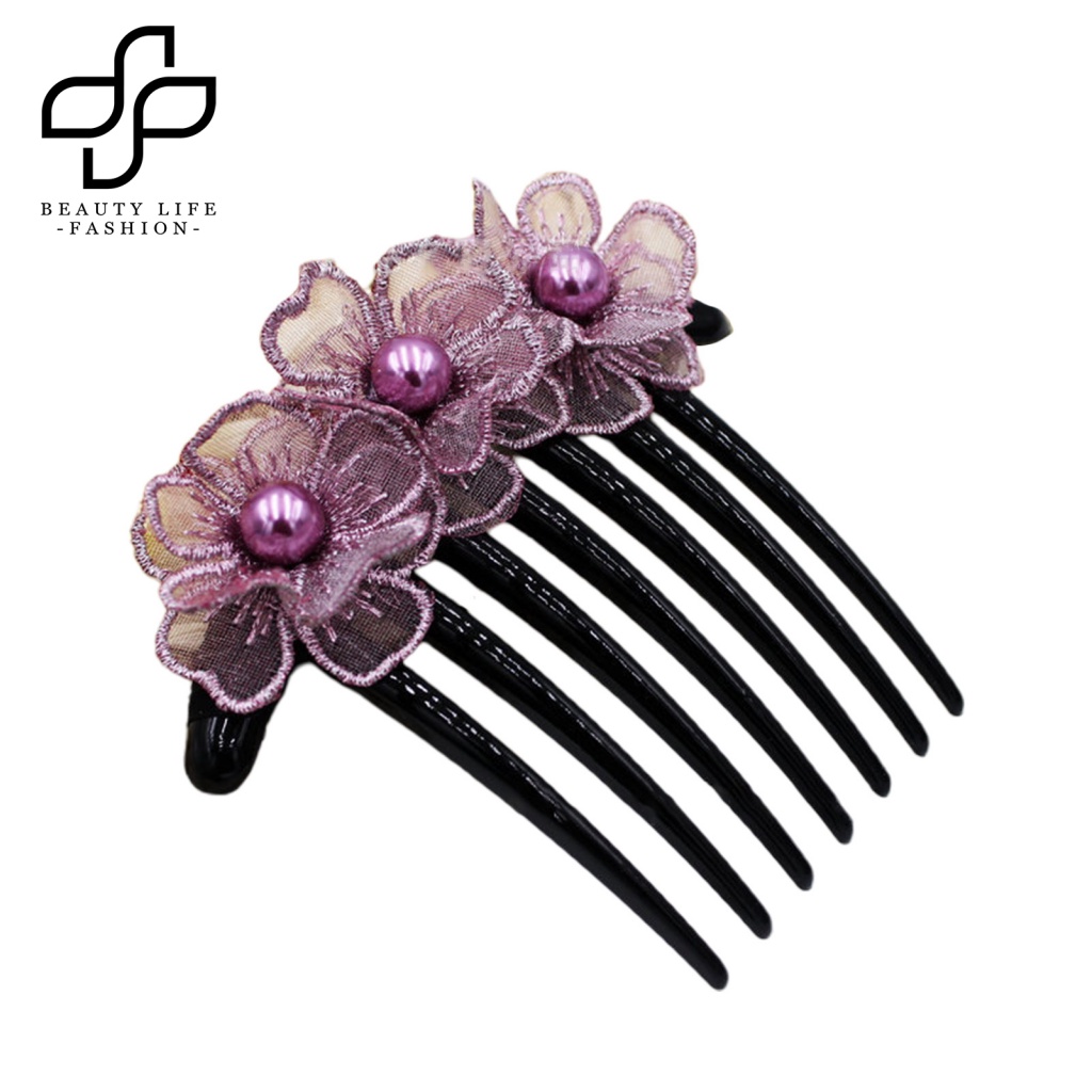 Lược Cài Tóc Mật Độ Chống Trượt Thêu Hoa Đính Ngọc Trai Giả Dễ Thương