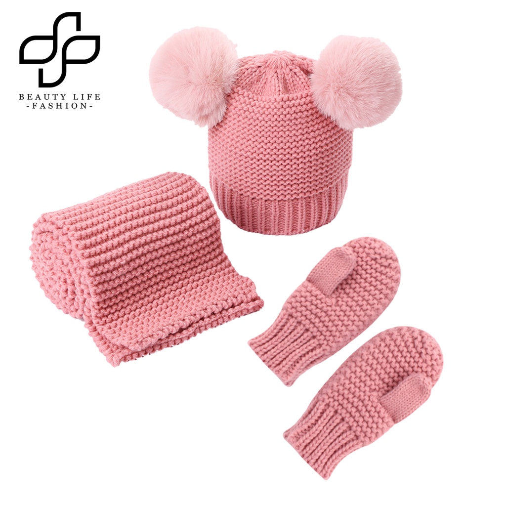 Bộ Nón + Găng Tay Dệt Kim Ấm Áp Màu Trơn Thời Trang Thu Đông Cho Bé