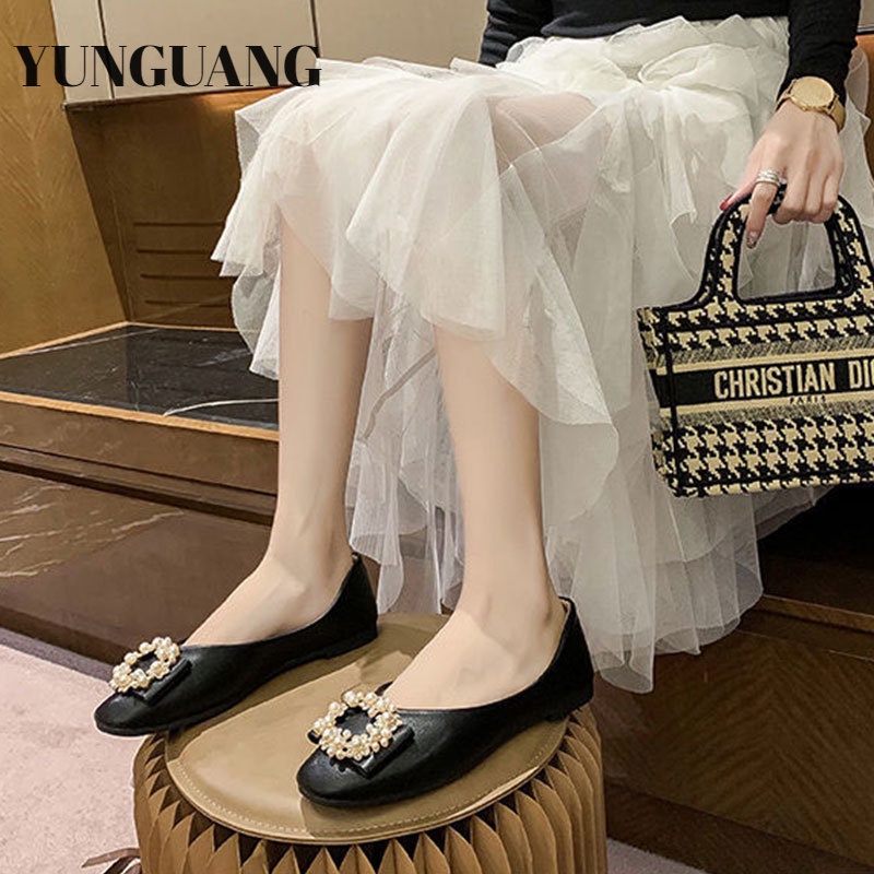 Giày Búp Bê Da Mềm Đính Ngọc Trai Mũi Vuông Thời Trang Cho Nữ