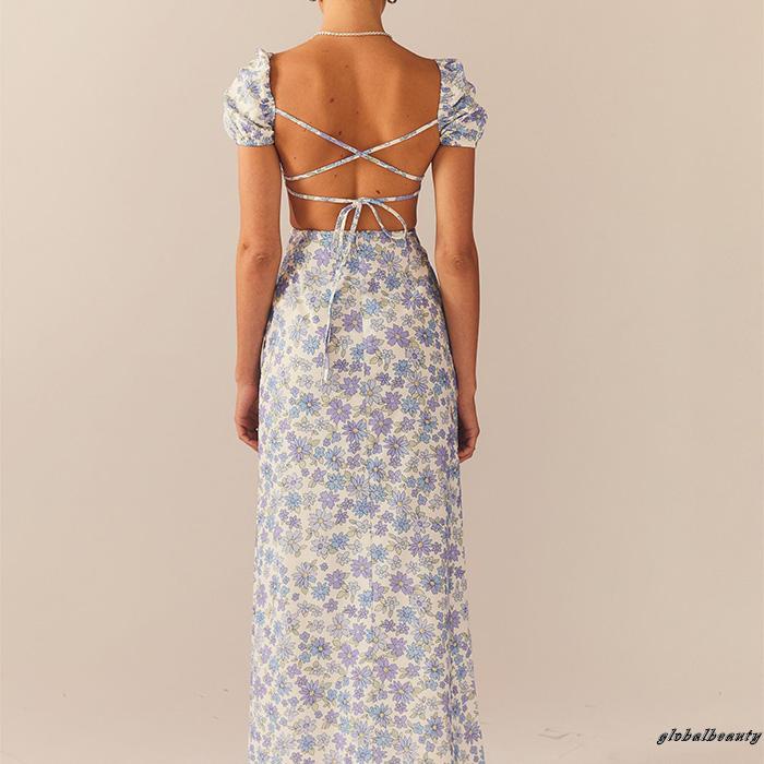 Đầm Dài Hở Lưng Tay Ngắn Họa Tiết Hoa Thời Trang Mùa Hè Cho Nữ