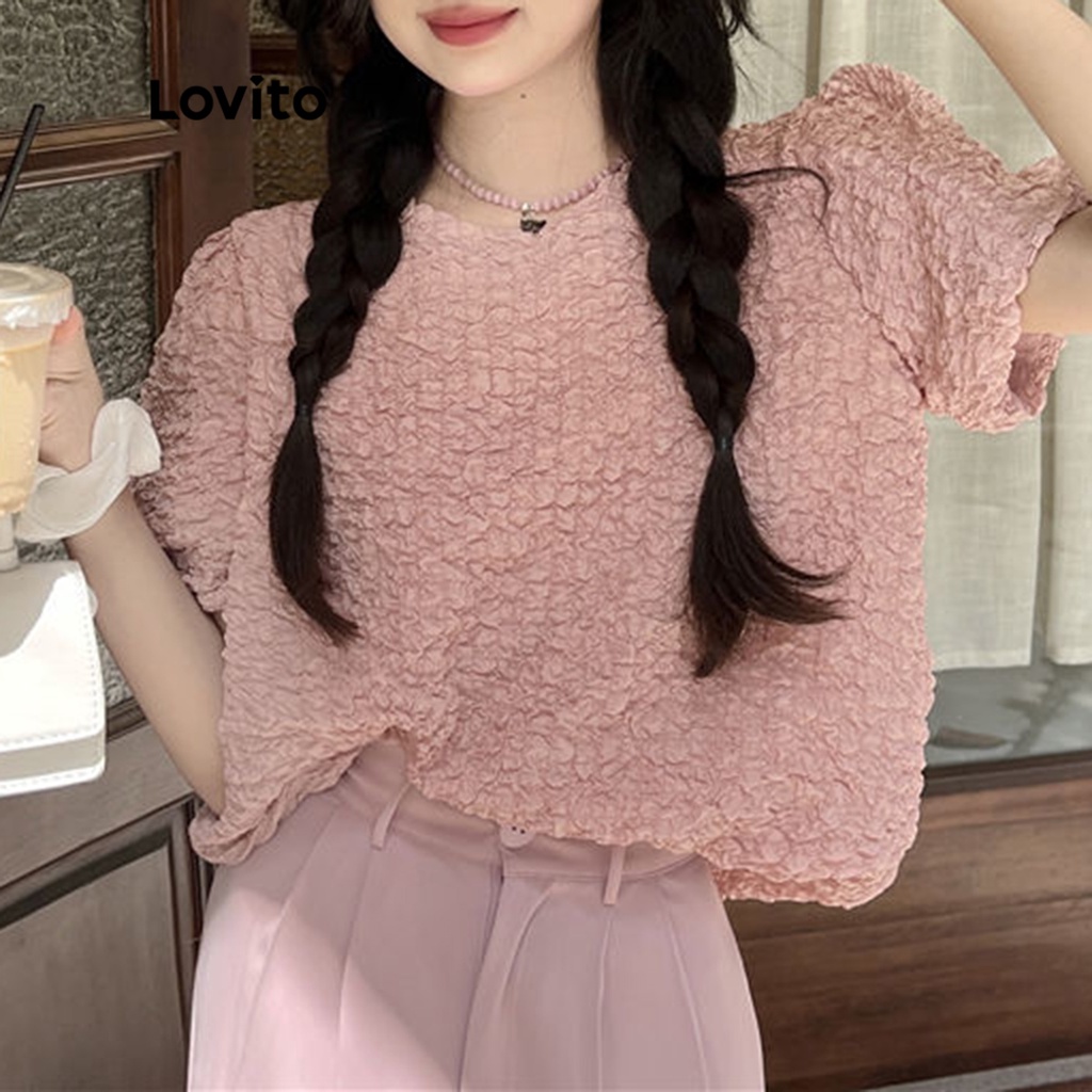 Lovito Áo kiểu trơn ngắn tay giản dị cho nữ LNA10079 (Hồng)