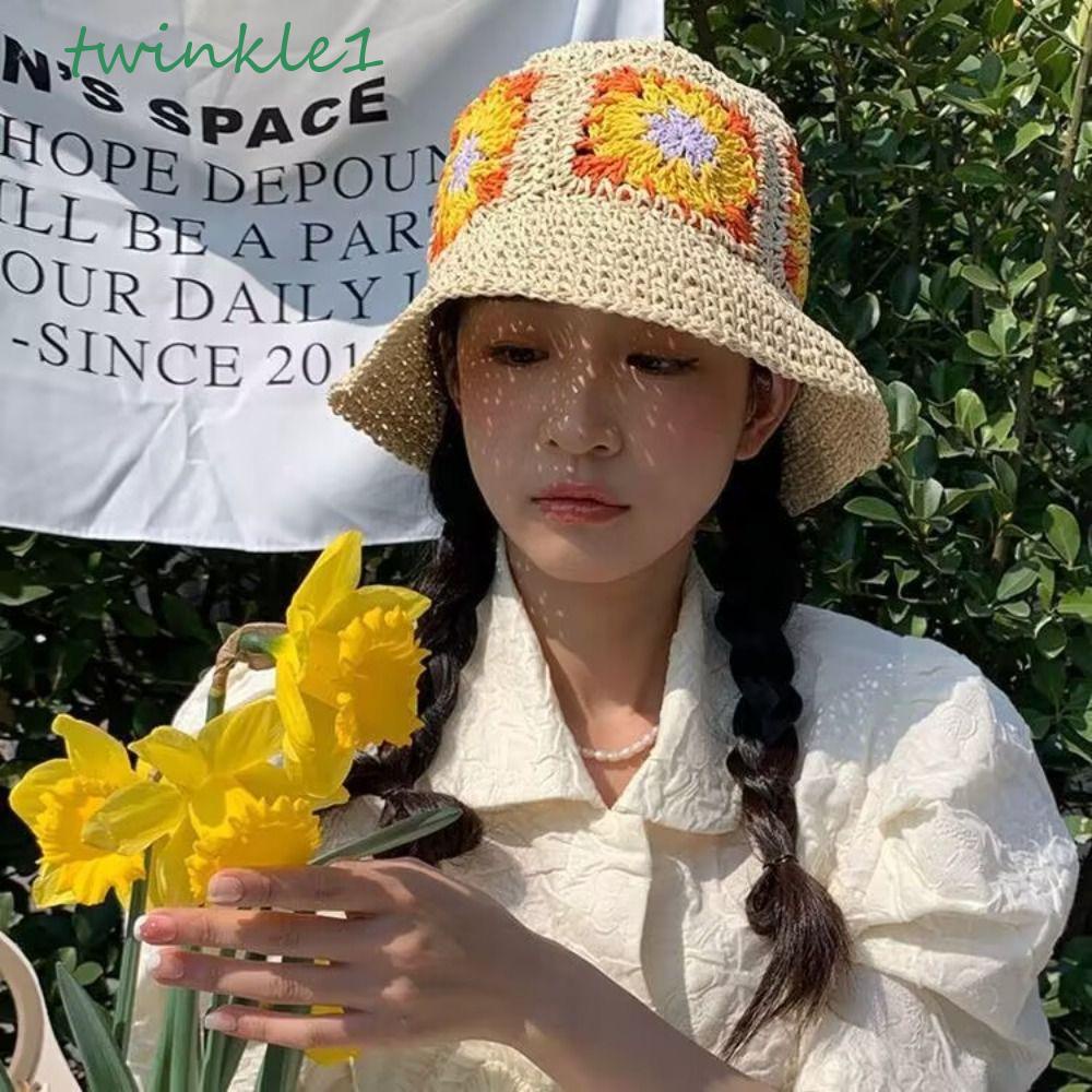 Mũ Tai Bèo Dệt Kim Chống Tia UV Họa Tiết Hoa Cúc Lấp Lánh Thời Trang Mùa Hè Xinh Xắn Cho Nữ