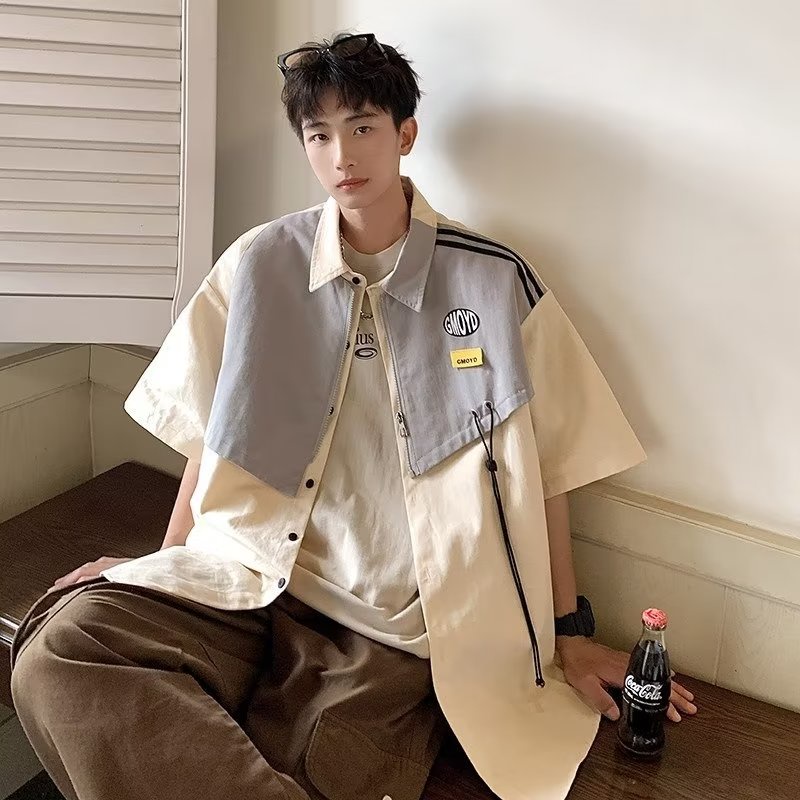 Áo Sơ Mi Tay Ngắn Giả Hai Lớp Phong Cách Hong Kong Thời Trang Mùa Hè Mới Cho Nam
