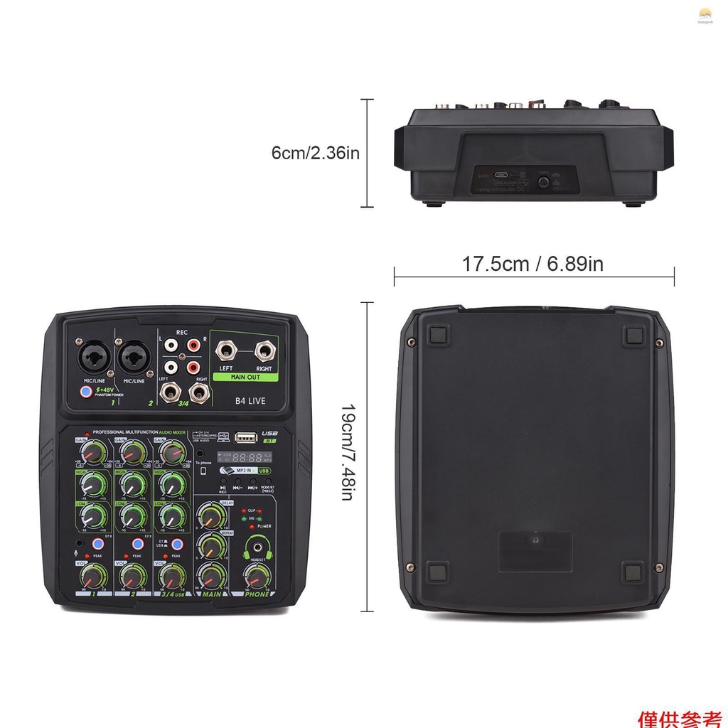 Bảng Điều Khiển Âm Thanh 4 Kênh Tích Hợp Đèn LED Kết Nối USB BT 2 Băng Tần EQ