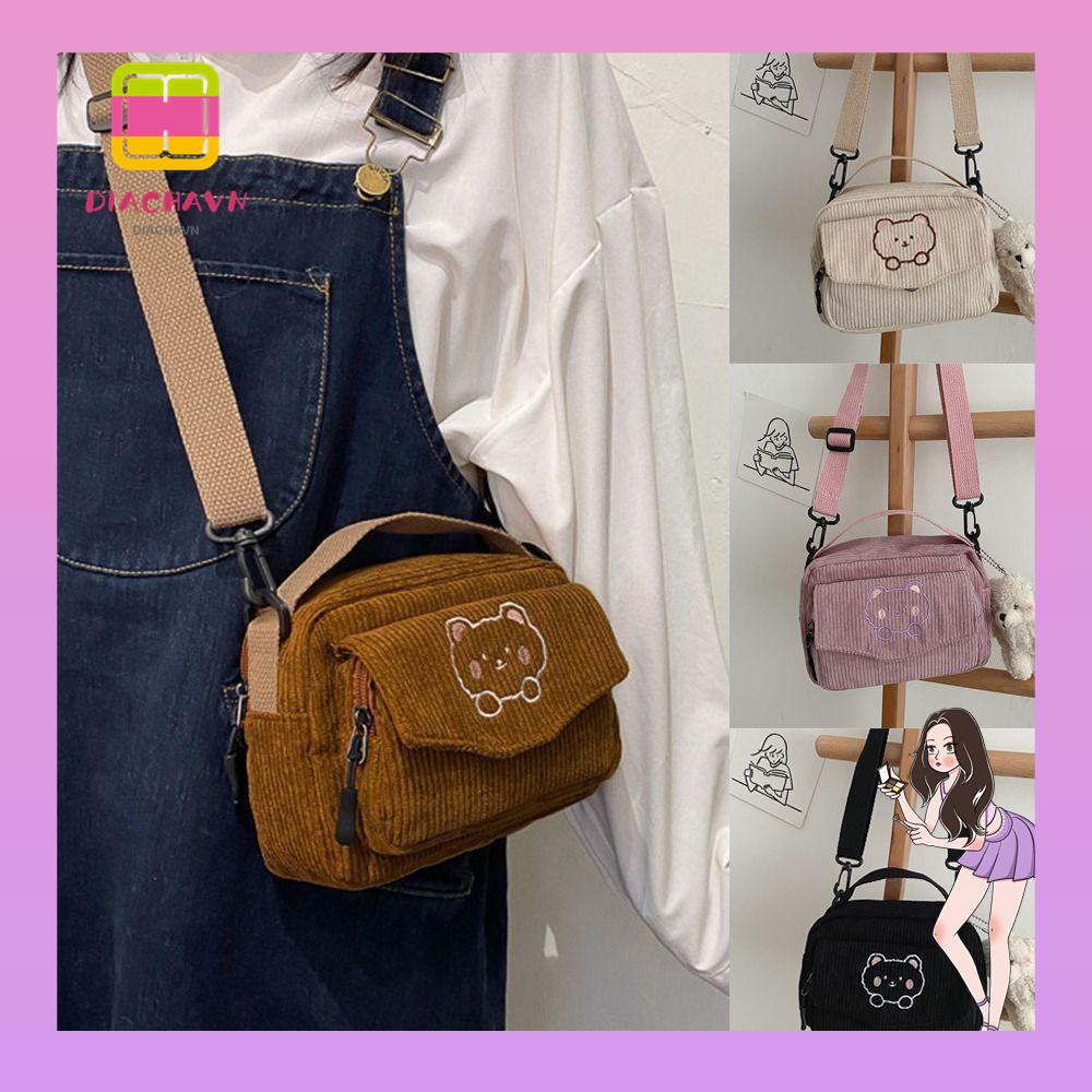 Túi Đeo Vai Vải Nhung Họa Tiết Gấu Hoạt Hình Dễ Thương