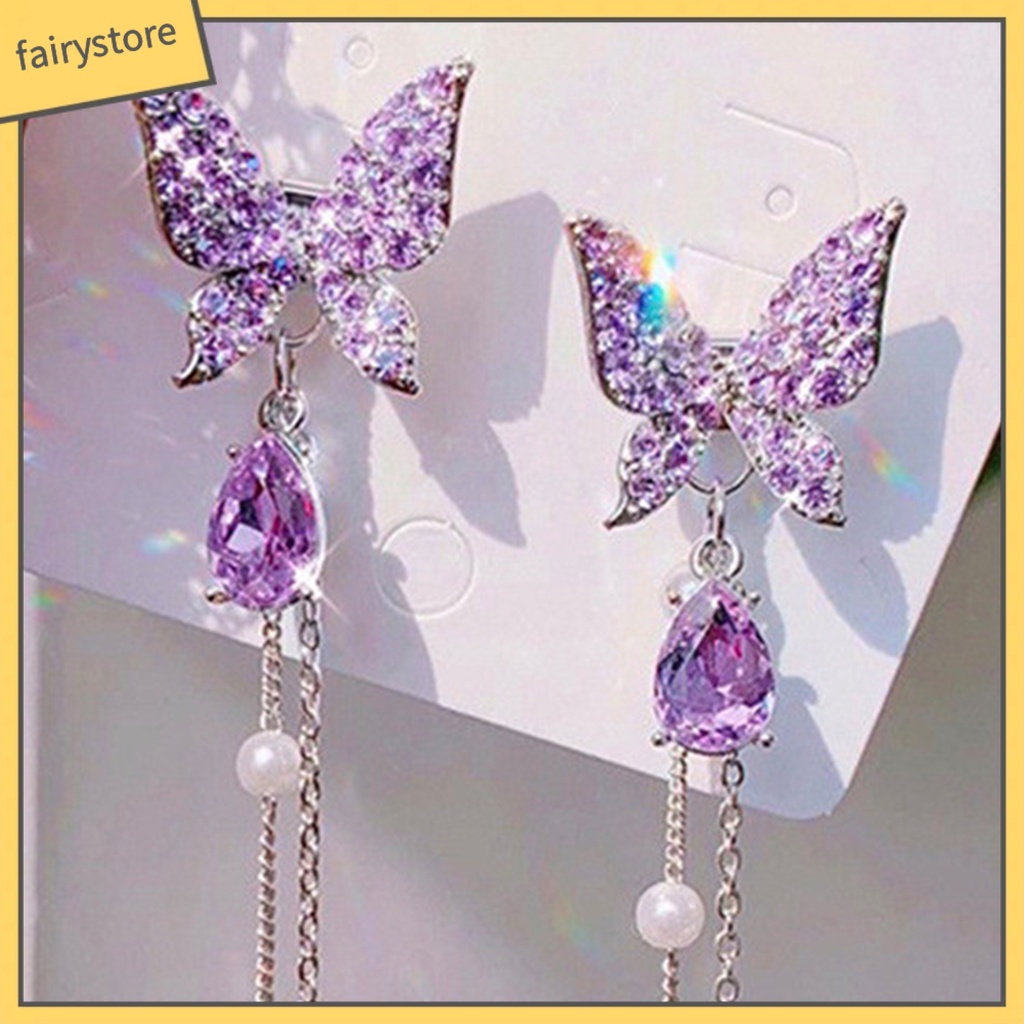 1 Đôi Bông Tai Dáng Dài Hình Bướm Đính Đá Tinh Tế Thời Trang