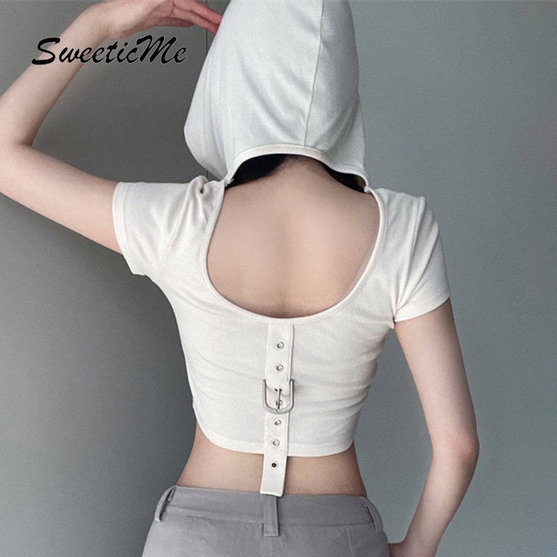 Áo Hoodie Tay Ngắn Màu Trơn Dáng Ôm Hở Lưng Phối Khóa Kéo Thời Trang 2023 Cho Nữ