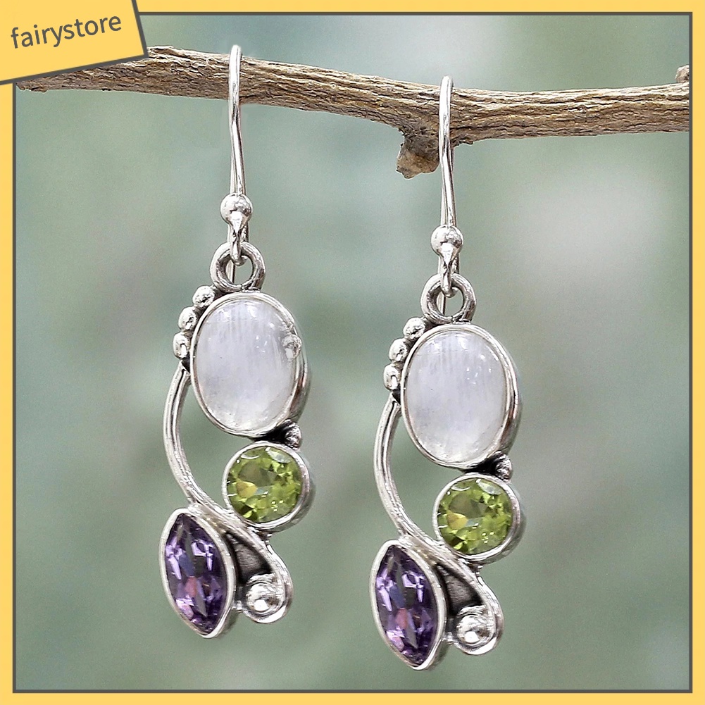 Khuyên Tai Móc Lủng Lẳng Đính Đá Ngọc Lục Bảo Nhân Tạo Tròn Cổ Điển [FRO]