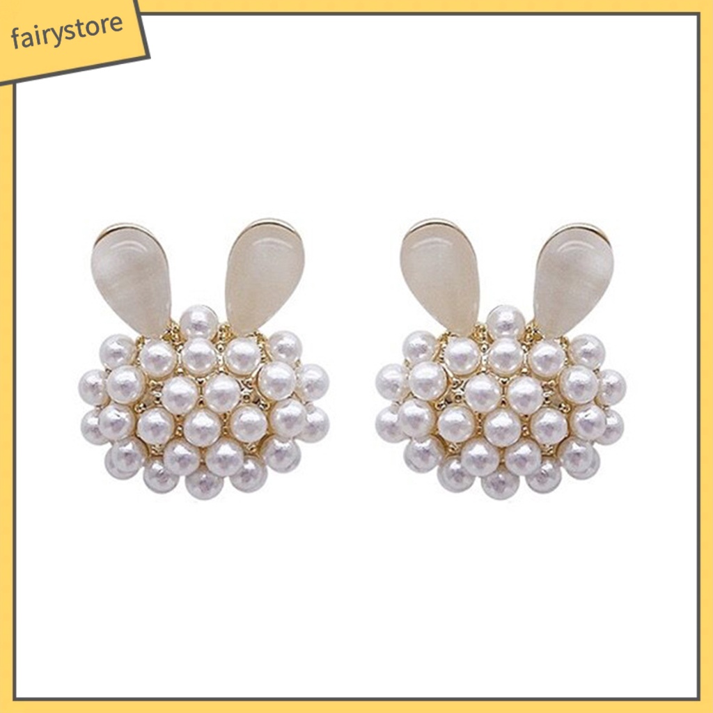 1 Đôi Bông Tai Hình Thỏ Đính Ngọc Trai Giả Thời Trang