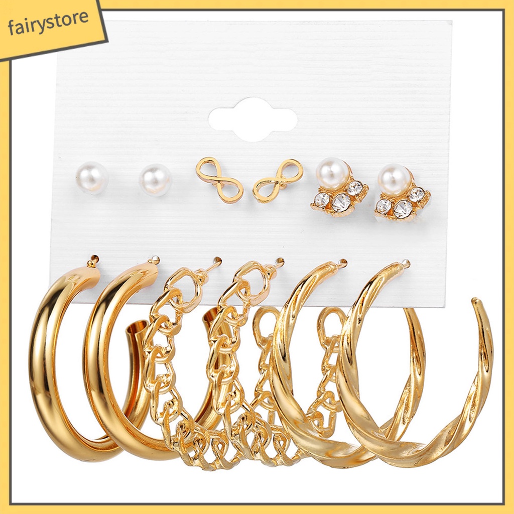 Set 6 Đôi Bông Tai Khoen Tròn Đính Ngọc Trai Giả Sang Trọng Cho Nữ