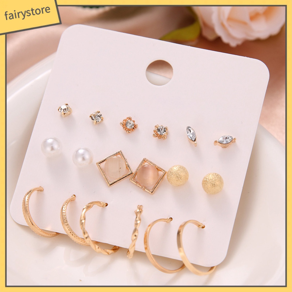 Set 9 Đôi Bông Tai Đính Đá / Ngọc Trai Giả Lấp Lánh Thời Trang Cho Nữ