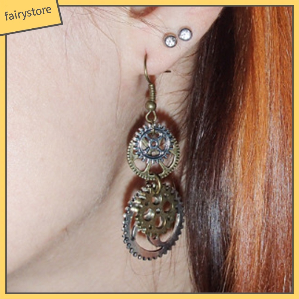 Khuyên Tai Kim Loại Hình Bánh Răng Đôi Phong Cách Steampunk Thời Trang Cho Nữ