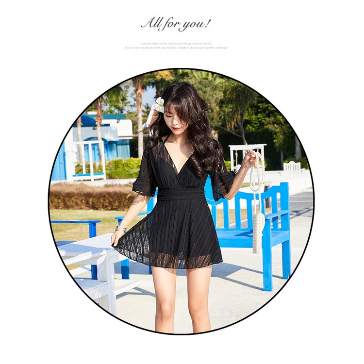 Bikini đi biển đồ bơi nữ liền thân 2 chi tiết kèm áo voan tay dài chống nắng thắt nơ eo độc đáo hàng Quảng Châu AA7515