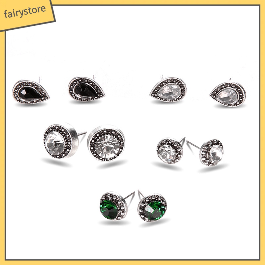 Set 5 Đôi Khuyên Tai Đính Đá Phong Cách Cổ Điển Thanh Lịch Dành Cho Nữ