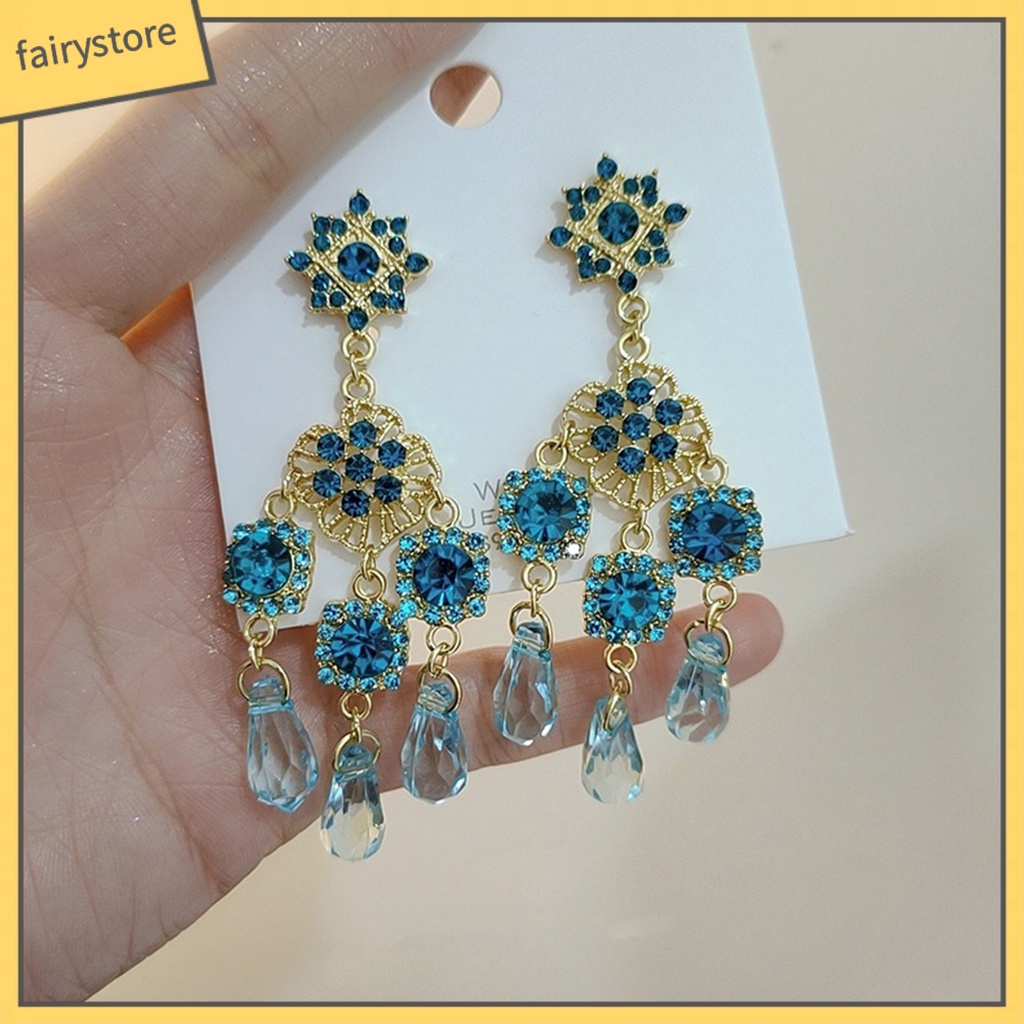 1 Đôi Bông Tai Dáng Dài Đính Pha Lê Xanh Dương Phong Cách Vintage