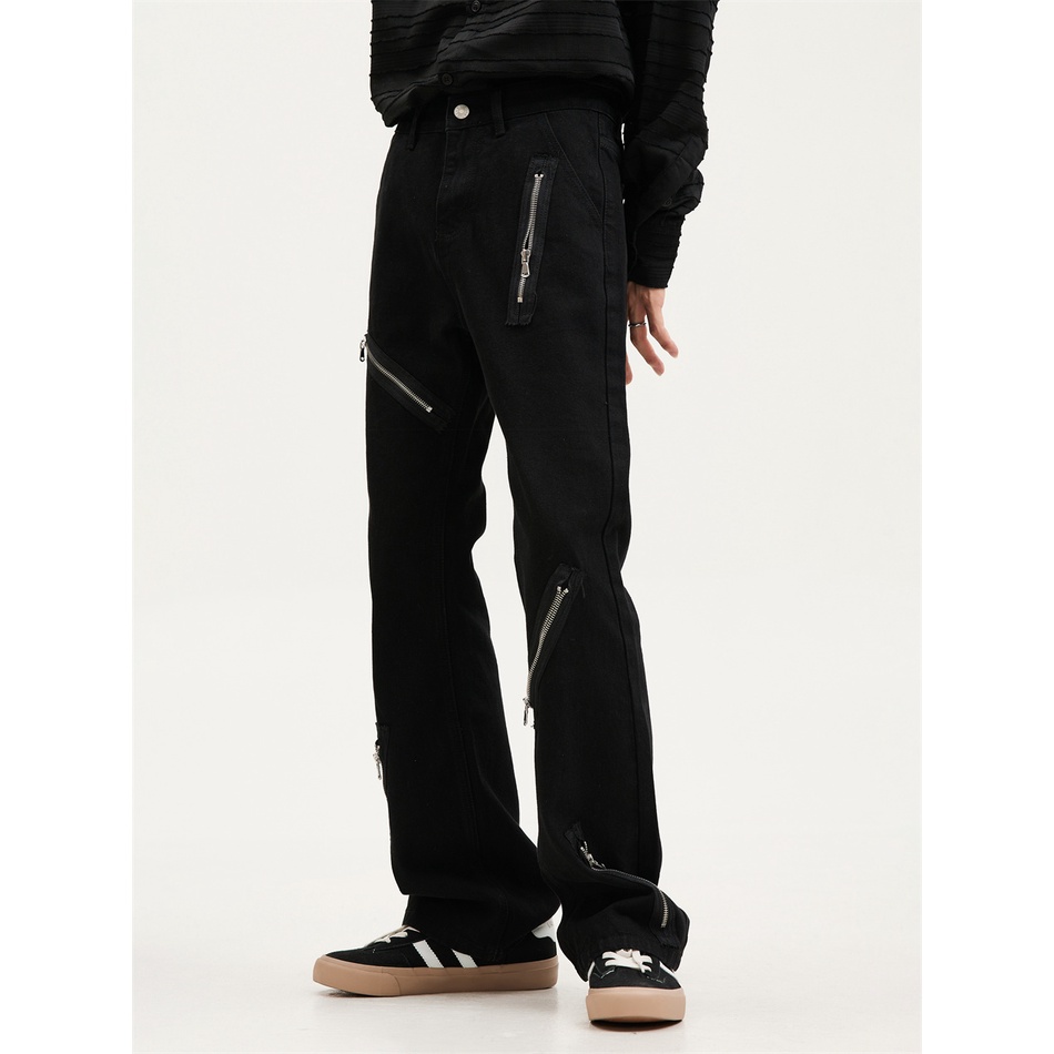 Voguo Rơ Le Niche Quần Jean Ống Loe Micro Màu Đen Phối Khóa Kéo Phong Cách Đường Phố Tối Cao Bán Chạy