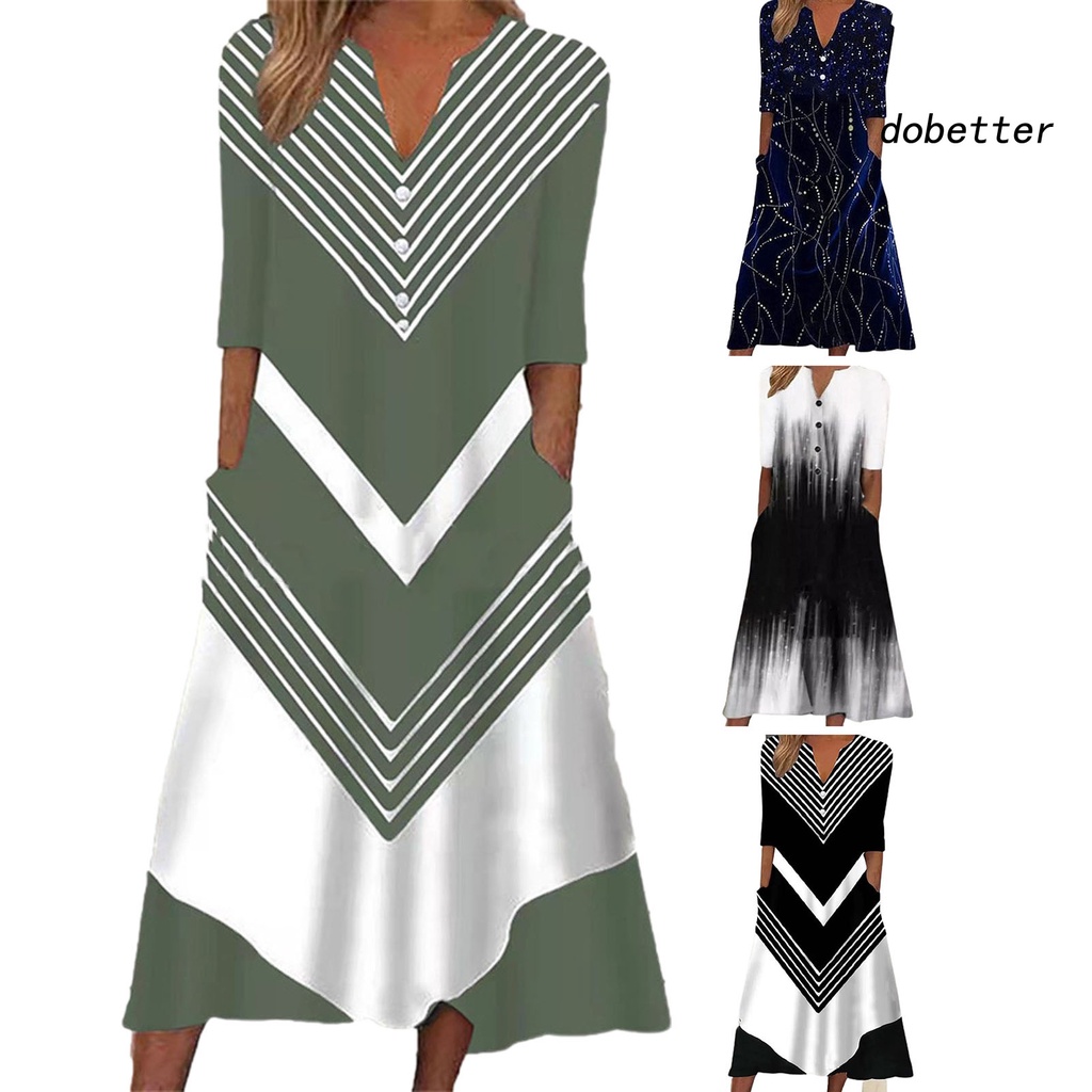 Đầm Dài Cổ Chữ V Kẻ Sọc Phối Nút Trang Trí Có Túi Thời Trang Cho Nữ