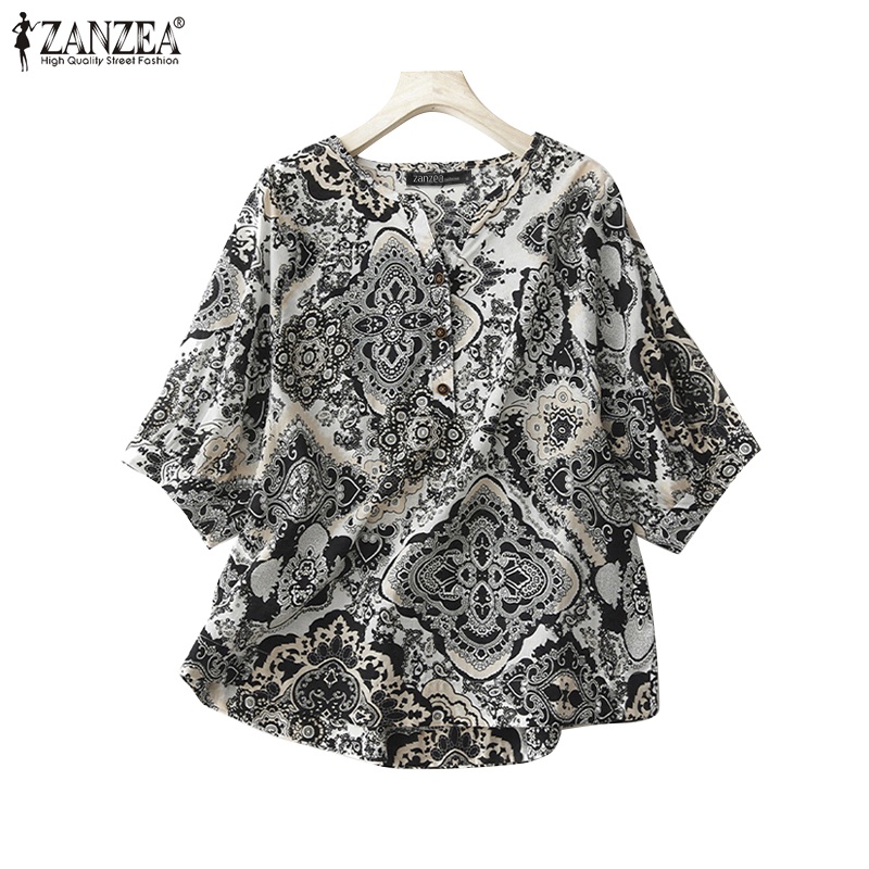 Zanzea Áo Sơ Mi Ngắn Tay Cổ Tròn Họa Tiết Hình Học Thời Trang Nữ