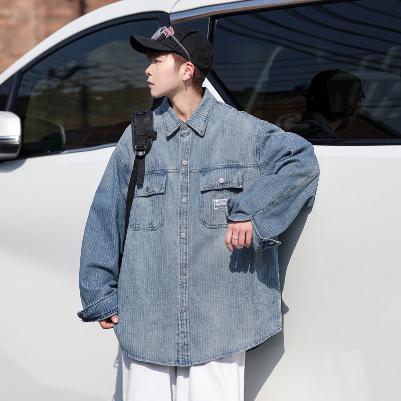 Áo Khoác Denim Kẻ Sọc Dọc Dáng Rộng Kiểu Đường Phố Mỹ Thời Trang Xuân Thu Cho Nam