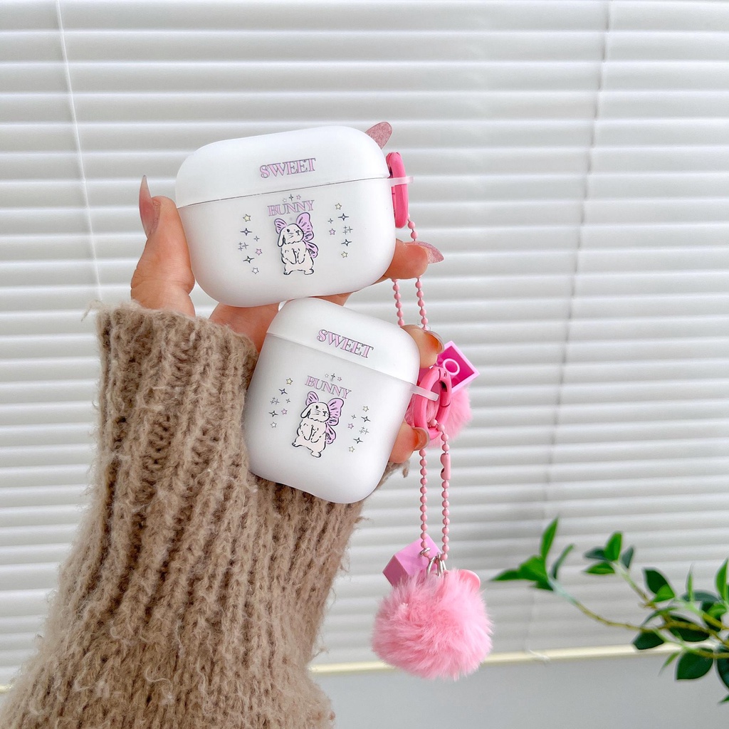 Vỏ Bảo Vệ Hộp Sạc Tai nghe không dây AirPods 1 2 3 Gen Pro2 2022 Bằng TPU Silicone Mềm Trong Suốt Hình Thỏ Phối Banh Lông Màu Hồng