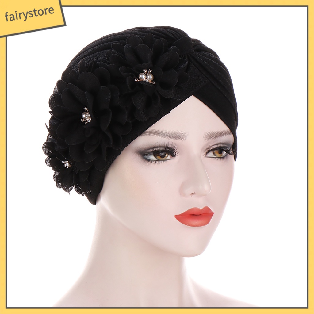 Mũ Turban Trùm Đầu Co Giãn Thiết Kế Ba Bông Hoa Thời Trang