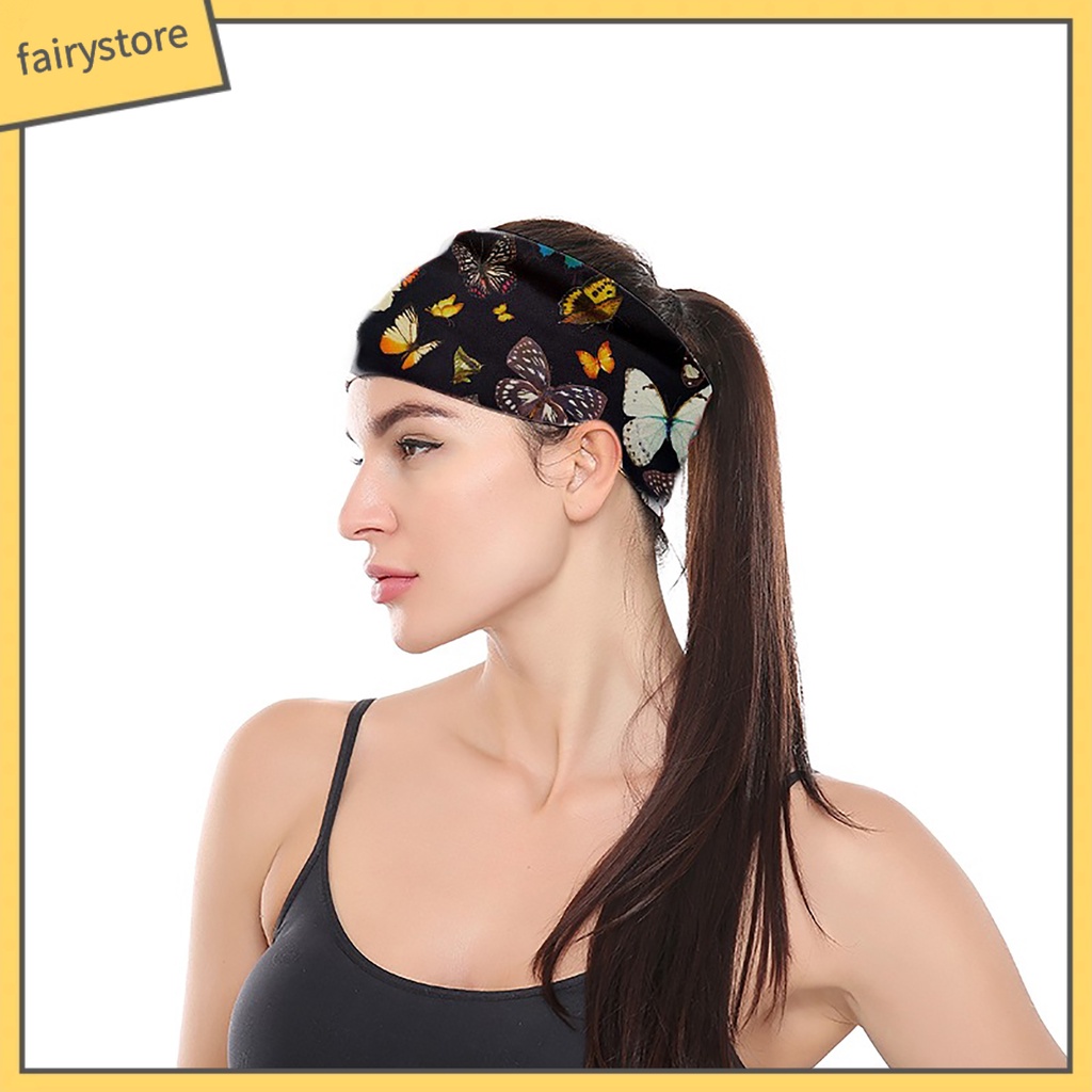 Băng Đô Cài Tóc Bản Rộng Co Giãn In Họa Tiết Bướm Phong Cách Thể Thao Thời Trang Cho Nữ