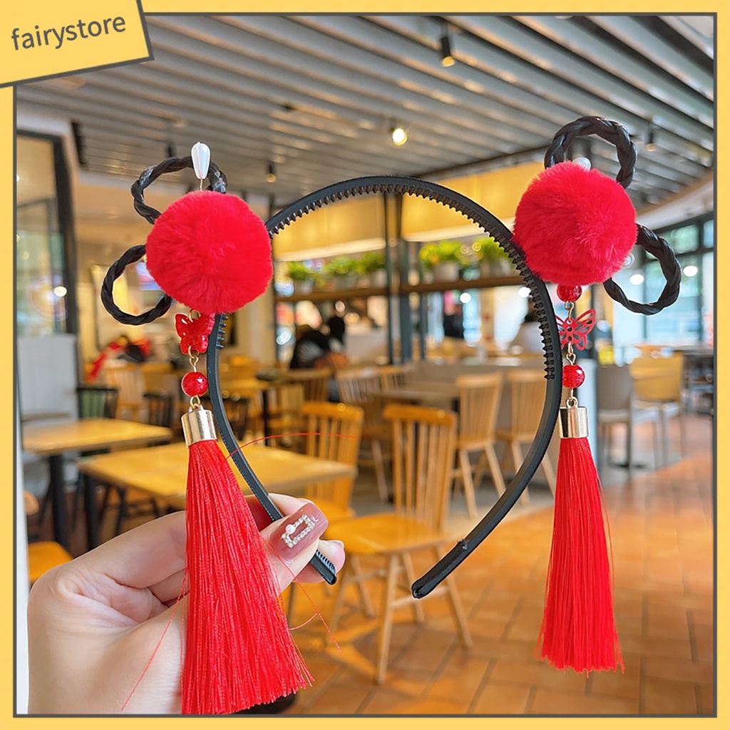 Băng Đô Nơ Đính Ngọc Trai Co Giãn Phối Bóng Lông Tua Rua Phong Cách Trung Hoa Mừng Năm Mới Cho Bé Gái