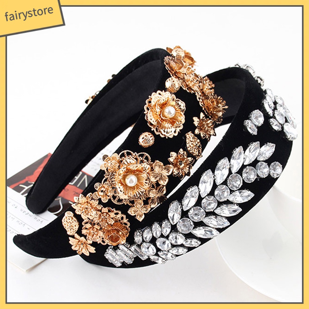 Băng Đô Cài Tóc Bản Rộng Đính Đá &amp; Ngọc Trai Nhân Tạo Cho Nữ