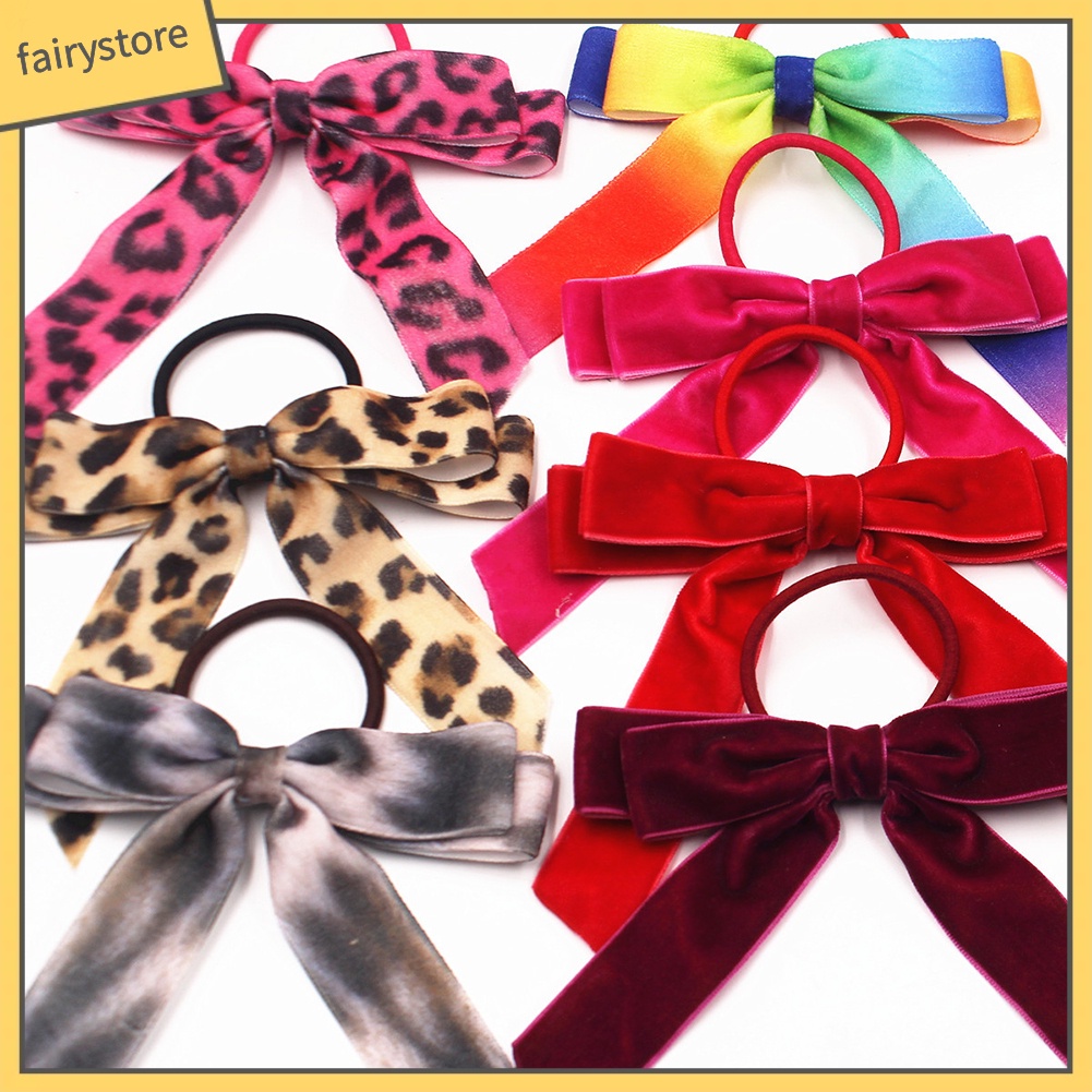 Dây Buộc Tóc Co Giãn Đính Nơ Họa Tiết Da Báo Ngọt Ngào Cho Bé Gái