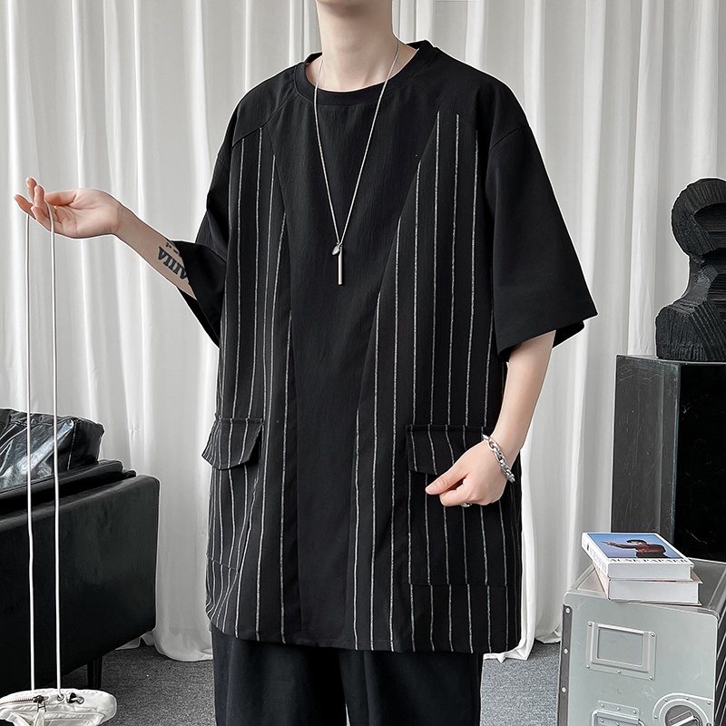 Áo Thun Tay Ngắn Dáng Rộng Plus Size Họa Tiết Kẻ Sọc Thời Trang Mùa Hè Cho Nam