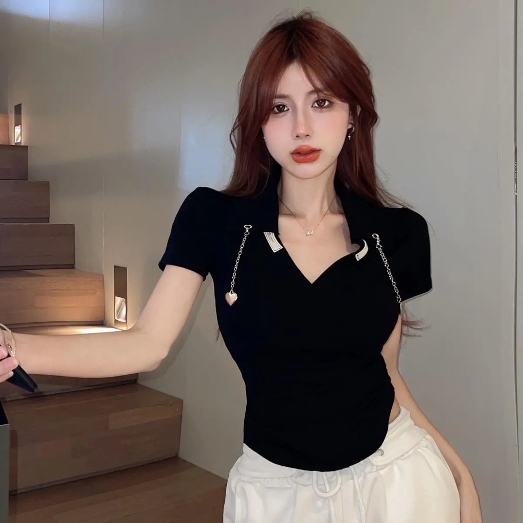 Áo polo Ngắn Tay Màu Trơn Đính Dây Xích Trái Tim Kiểu Hàn Quốc Thời Trang Mùa Hè Cho Nữ