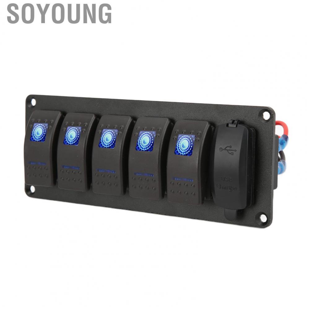 Soyoung 12V-24V 5 Gang Rocker Switch Panel with Dual USB 5V3.4A Blue Backlight  for Marine Boat Car Truck