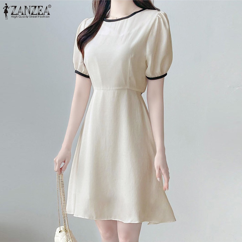 ZANZEA Đầm Ngắn Tay Cổ Tròn Thời Trang Nữ Hàn Quốc