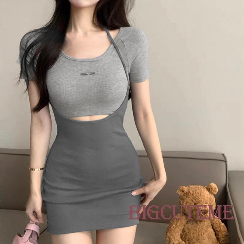 [] - Đầm Ngắn Tay Ôm Dáng Hở Lưng Phối Màu Tương Phản Thời Trang Mùa Hè Cho Nữ