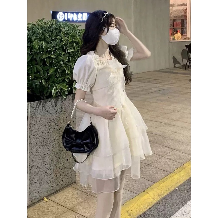 Đầm Cổ Vuông Tay Phồng Ngắn Dáng Ôm Phong Cách Hàn Quốc Thời Trang Mùa Hè Xinh Xắn Cho Nữ