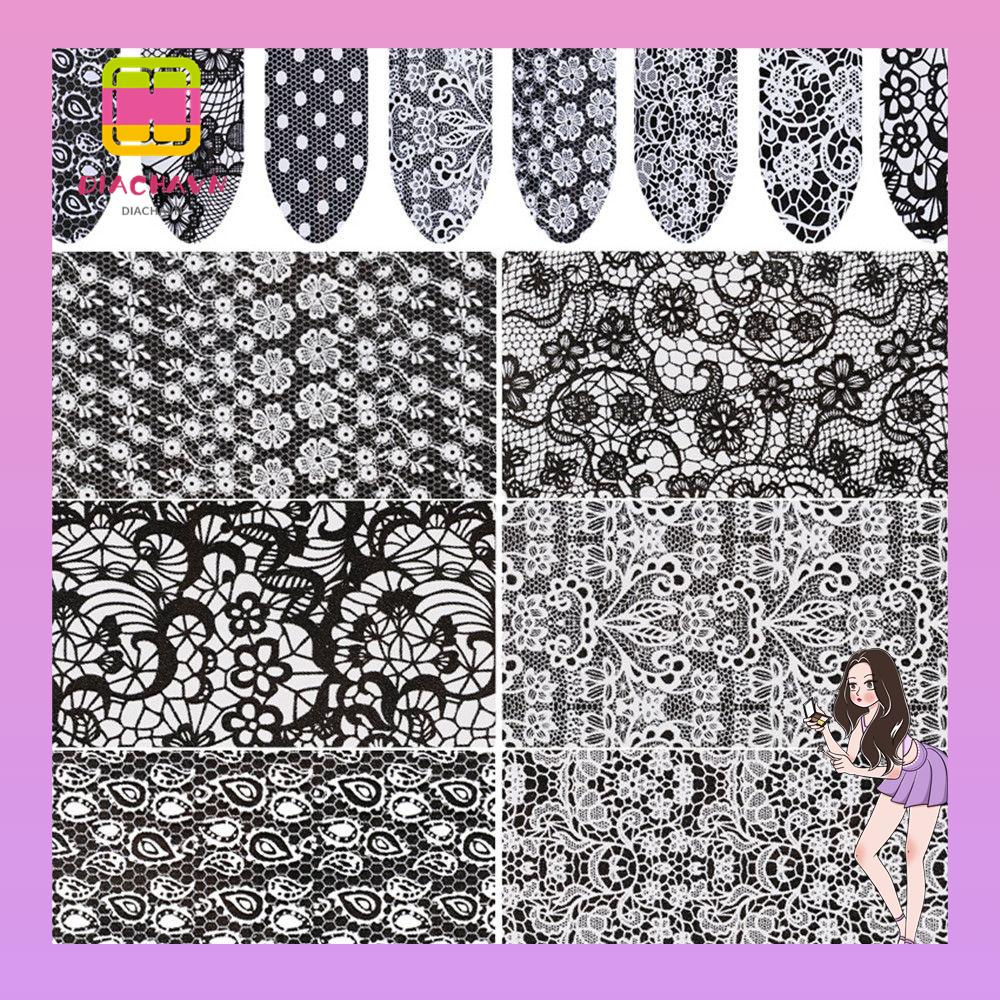 Set 16 Miếng Dán Trang Trí Móng Tay Họa Tiết Ren Trắng Đen DIY