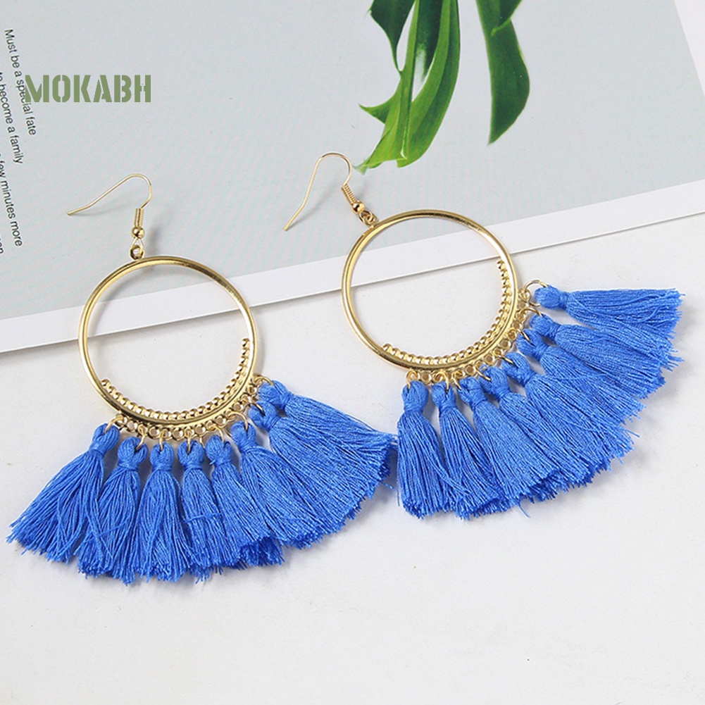 Bông Tai Móc Hình Tròn Lớn Phối Tua Rua Phong Cách Vintage Thời Trang Cho Nữ