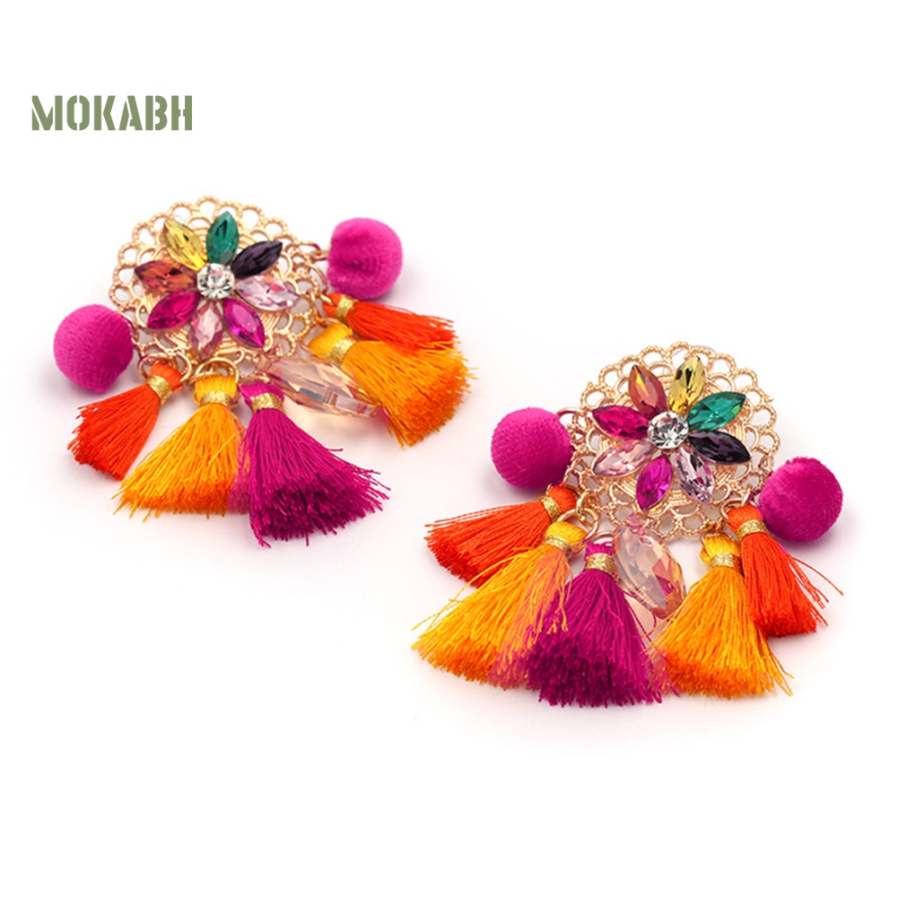 [Mok Abh] Bông Tai Đính Đá Tua Rua Phong Cách Boho